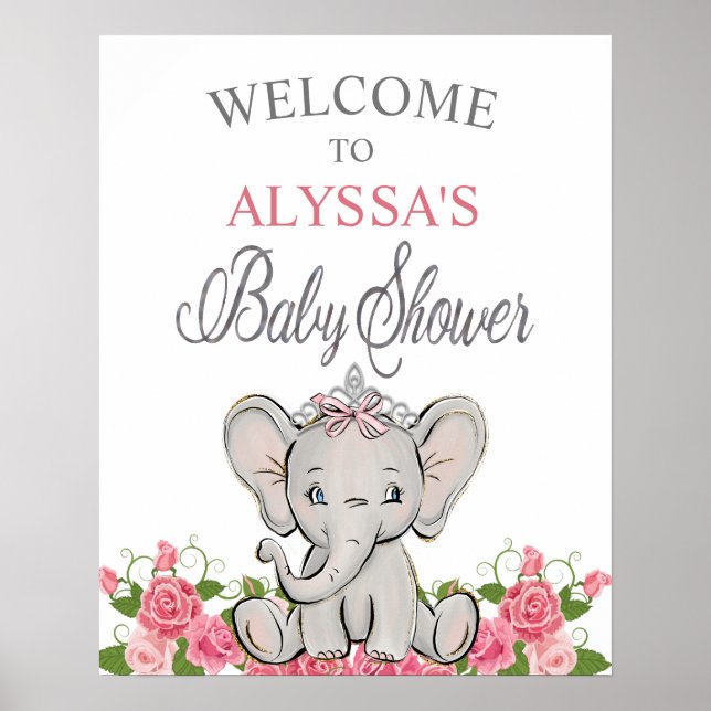 Pink Princess Elephant Tiara Baby Shower Welcome Poster (Front)