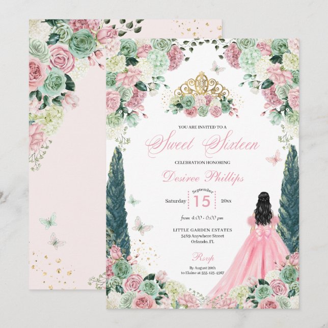 Pink Princess Enchanted Garden Sweet Sixteen Invitation (Front/Back)