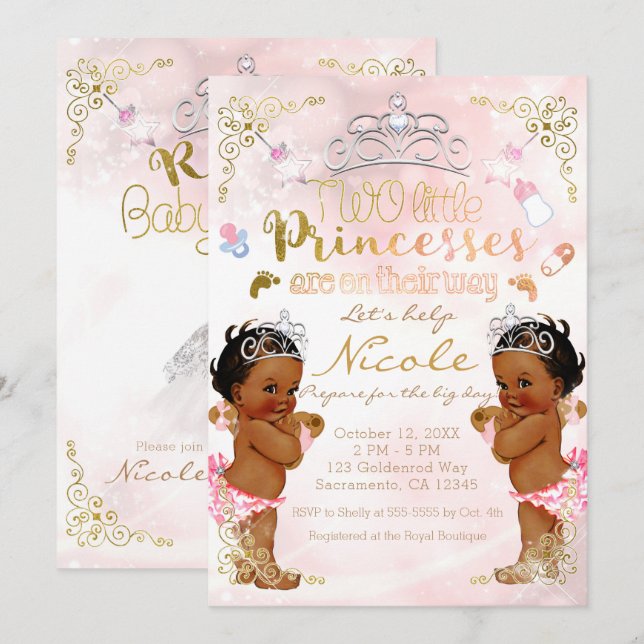 Pink Princess Ethnic Dark Twin Girls Baby Shower Invitation (Front/Back)
