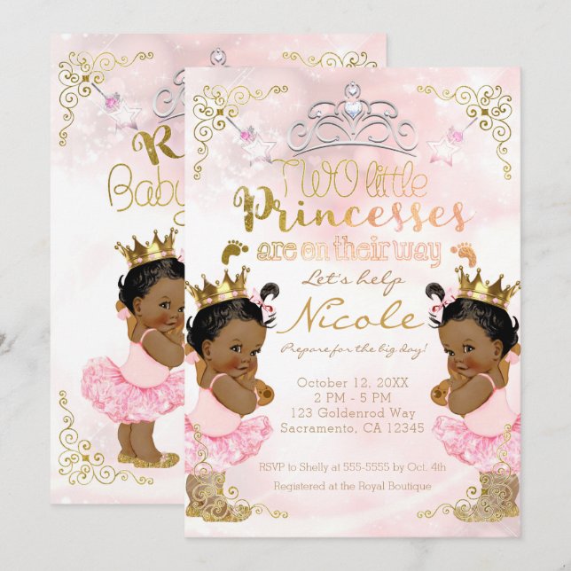Pink Princess Ethnic Dark Twin Girls Baby Shower Invitation (Front/Back)