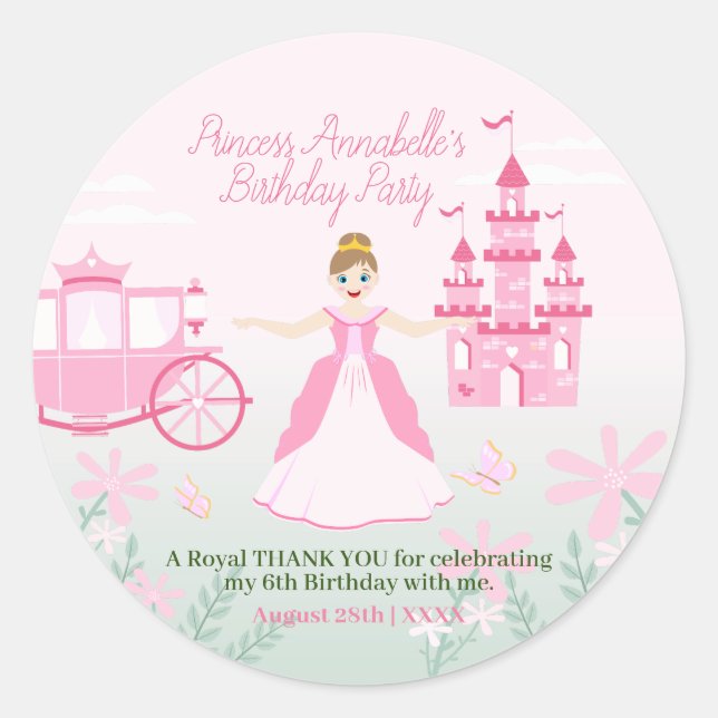 Pink Princess Fantasy Birthday Party Classic Round Sticker (Front)