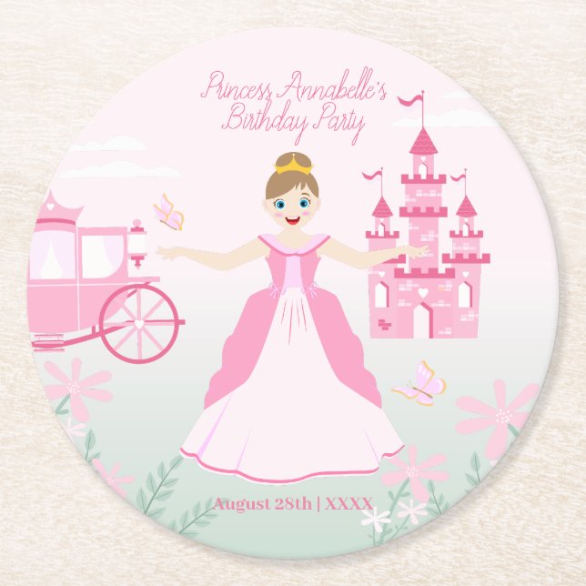 Pink Princess Fantasy Birthday Party Round Paper Coaster (Front)