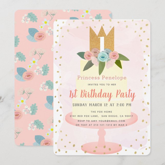 Pink Princess Floral Cake Girl 1st Birthday Invitation (Front/Back)