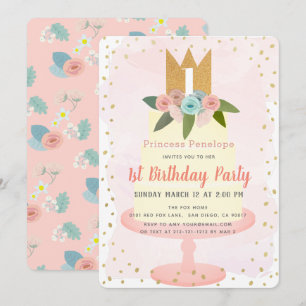 Pink Princess Floral Cake Girl 1st Birthday Invitation