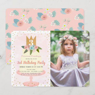 Pink Princess Floral Cake Girl Photo Birthday Invitation