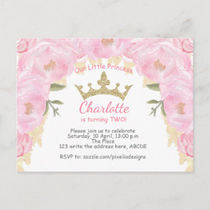 Pink Princess Floral Glitter Postcard Invitations