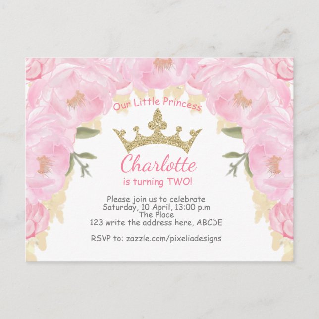 Pink Princess Floral Glitter Postcard Invitations (Front)