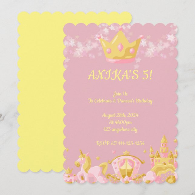 Pink princess girl birthday invitation  (Front/Back)