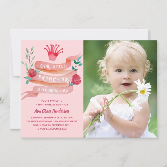 Pink Princess Girls 1st Birthday Party Photo Invitation (Front)