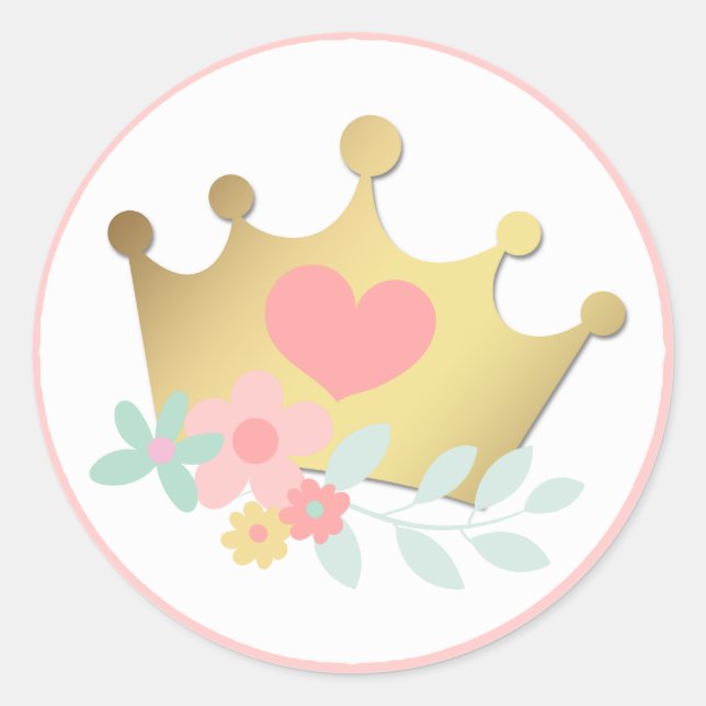 Pink Princess Gold Crown & Pastel Flowers Birthday Classic Round Sticker (Front)