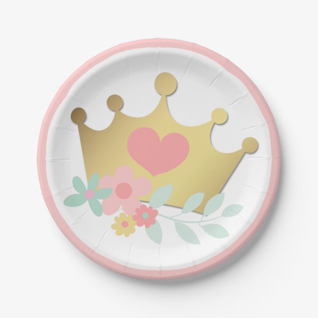 Pink Princess Gold Crown & Pastel Flowers Birthday Paper Plate (Front)