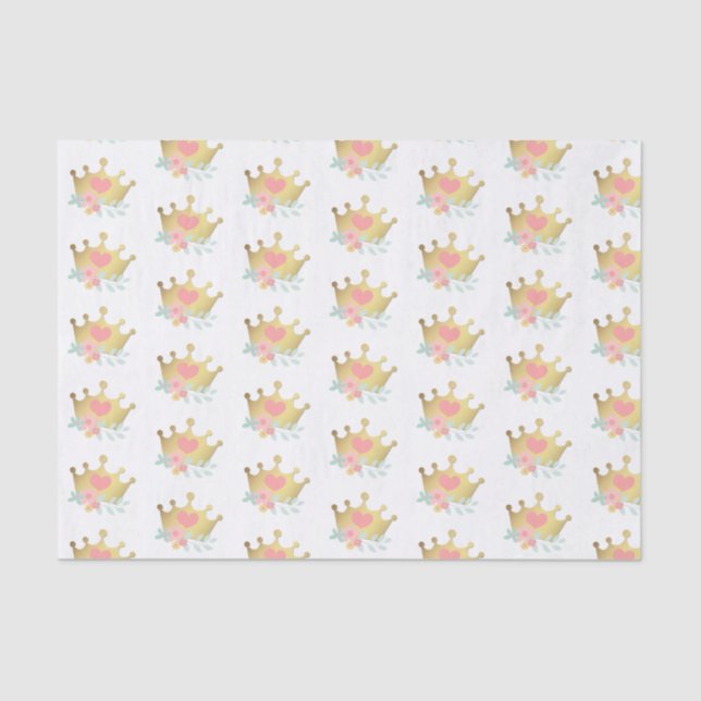 Pink Princess Gold Crown & Pastel Flowers Birthday Tissue Paper (Front)