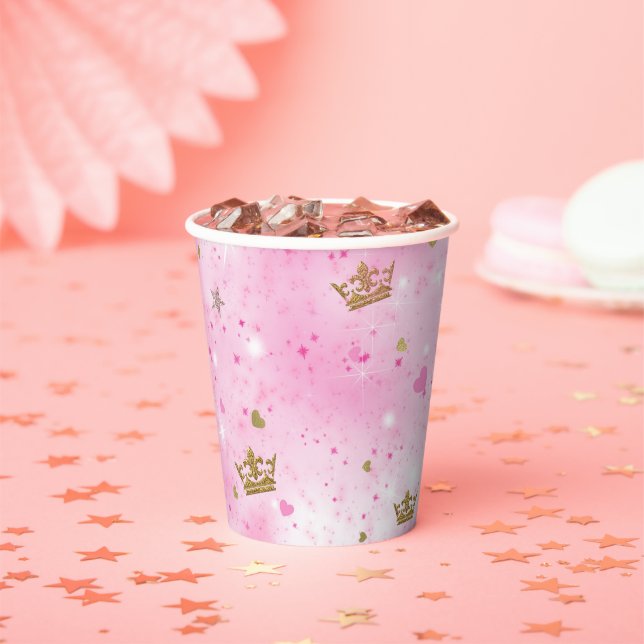 Pink Princess Hearts & Crown Tiara Birthday Party Paper Cups (Insitu)