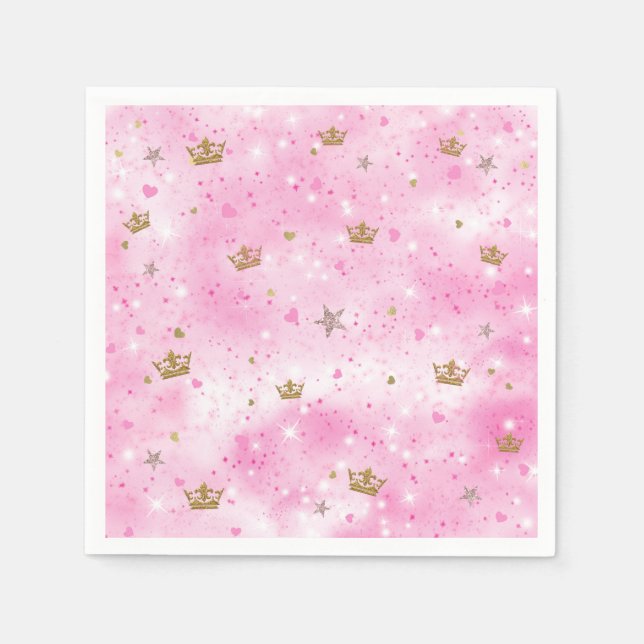 Pink Princess Hearts Stars & Crowns Birthday Party Napkin (Front)