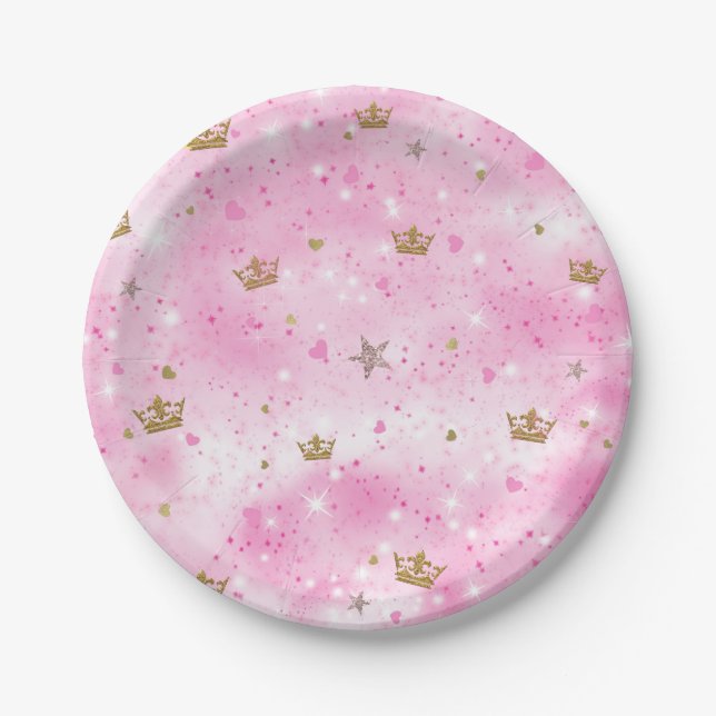 Pink Princess Hearts Stars & Crowns Birthday Party Paper Plate (Front)