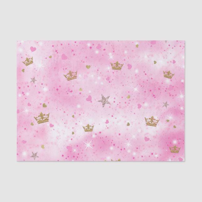 Pink Princess Hearts Stars & Crowns Birthday Party Tissue Paper (Front)