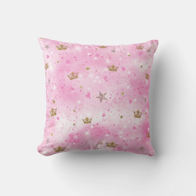 Pink Princess Hearts Stars & Crowns Cushion (Front)