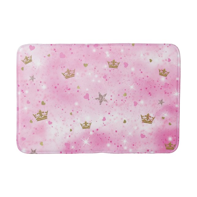 Pink Princess Hearts Stars Crowns Glitter Sparkle Bath Mat (Front)
