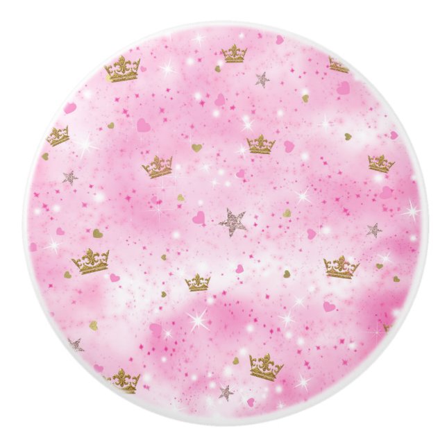 Pink Princess Hearts Stars Crowns Glitter Sparkle Ceramic Knob (Front)