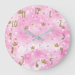 Pink Princess Hearts Stars Crowns Glitter Sparkle Large Clock