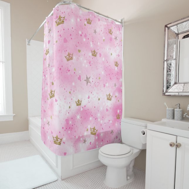 Pink Princess Hearts Stars Crowns Glitter Sparkle Shower Curtain (In Situ)