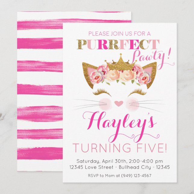Pink Princess Kitten Cat Birthday Invitation (Front/Back)