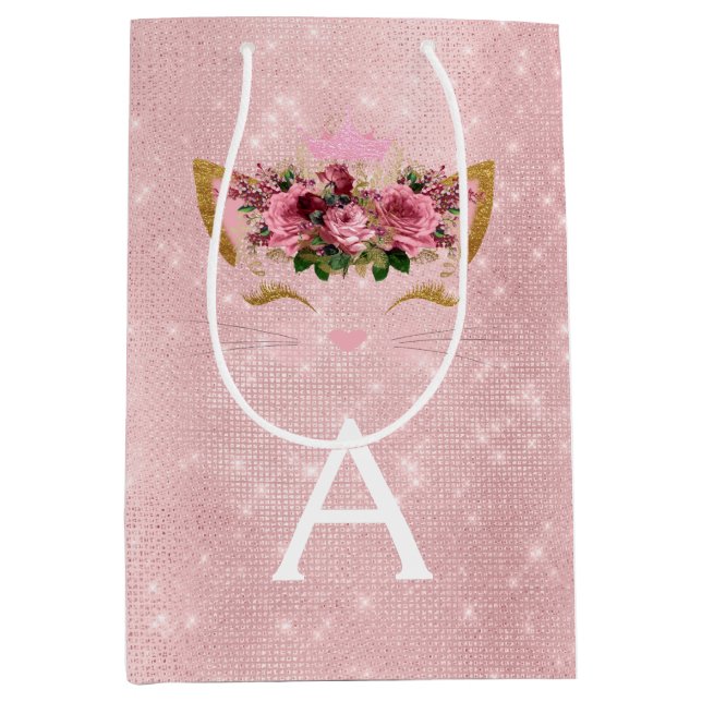 Pink Princess Kitten Rose Gold Blush Pink Glitter Medium Gift Bag (Front)