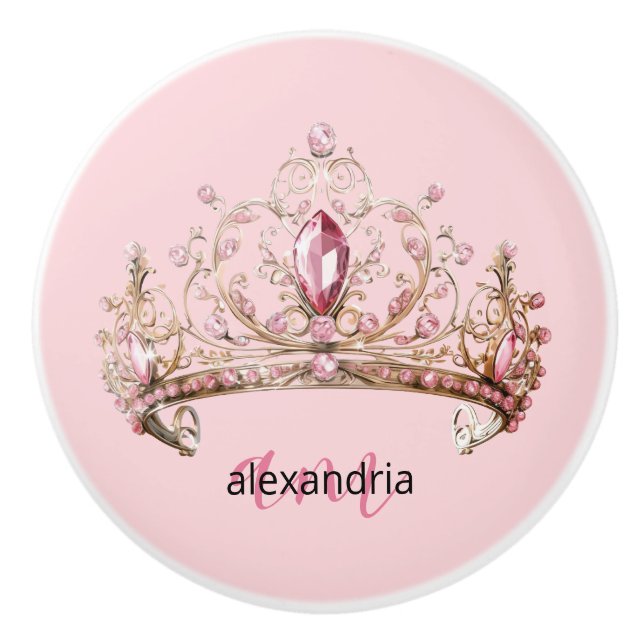 Pink Princess Monogram Tiara Girly Ceramic Knob (Front)