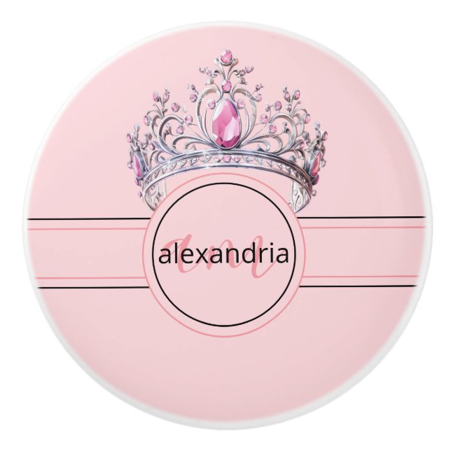 Pink Princess Monogram Tiara Girly Ceramic Knob (Front)