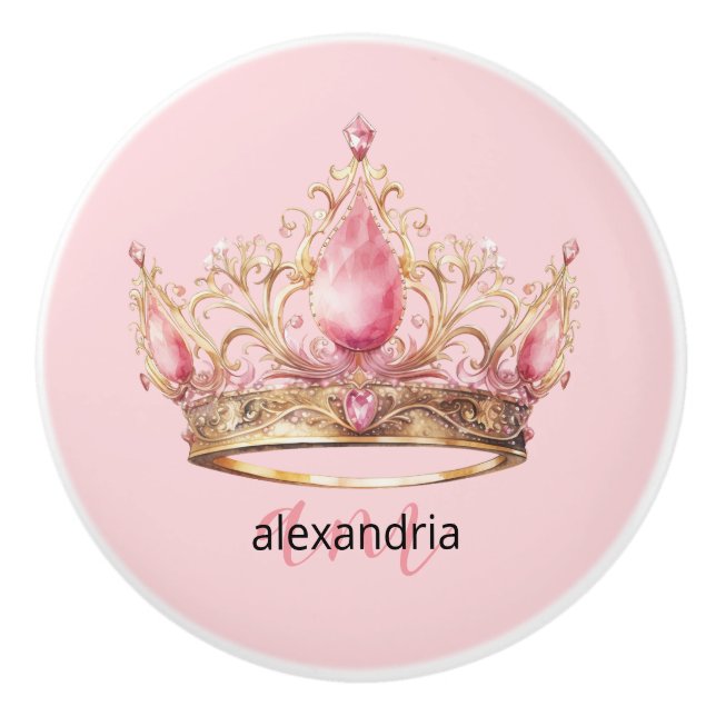 Pink Princess Monogram Tiara Girly Ceramic Knob (Front)