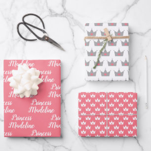 Pink Princess Name & Princess Crowns Wrapping Paper Sheet