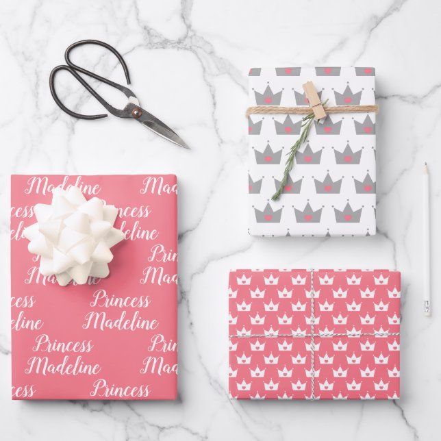Pink Princess Name & Princess Crowns Wrapping Paper Sheet (Front)