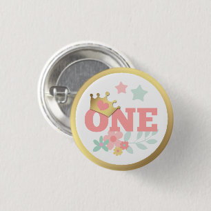 Pink Princess "One" Crown Baby Girl First Birthday 3 Cm Round Badge