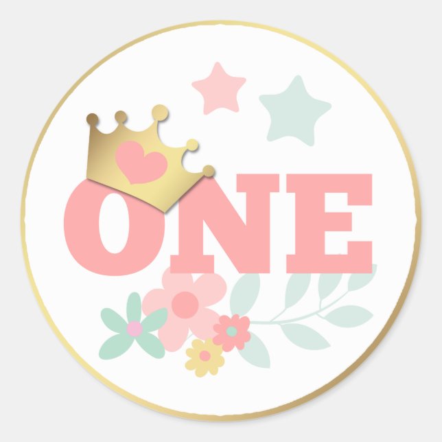 Pink Princess "One" Crown Baby Girl First Birthday Classic Round Sticker (Front)