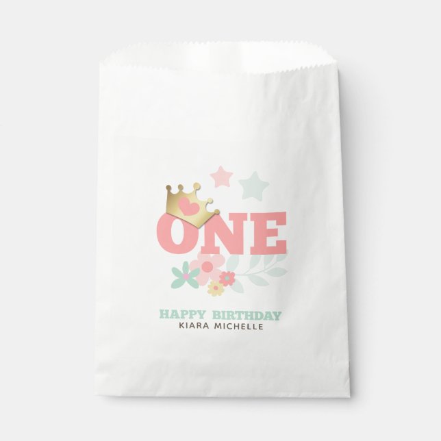 Pink Princess "One" Crown Baby Girl First Birthday Favour Bags (Front)