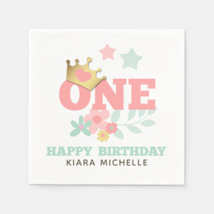 Pink Princess "One" Crown Baby Girl First Birthday Napkin