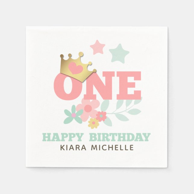 Pink Princess "One" Crown Baby Girl First Birthday Napkin (Front)