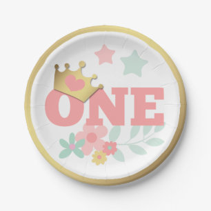 Pink Princess "One" Crown Baby Girl First Birthday Paper Plate