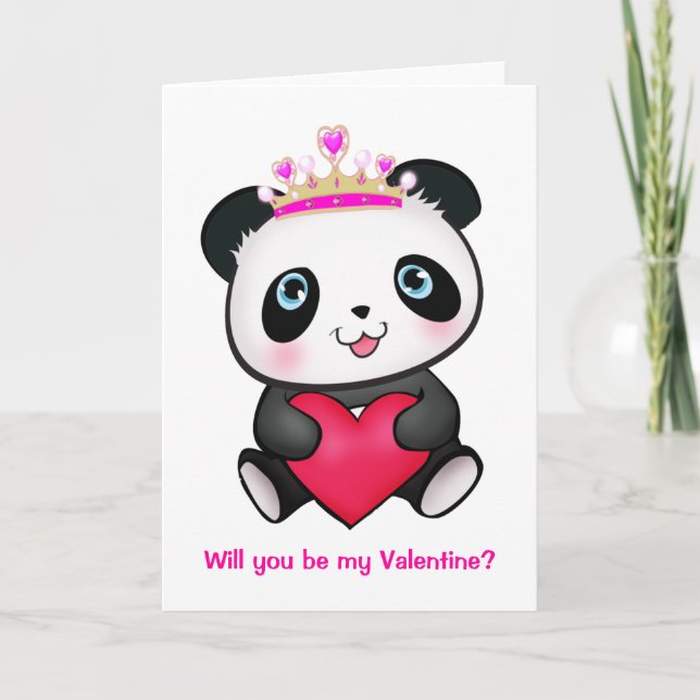 Pink Princess Panda Heart Valentine Cute Girl Card (Front)