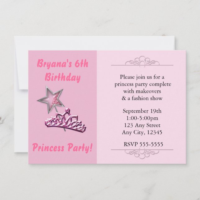 Pink Princess Party Birthay Invitations Wand Crown (Front)