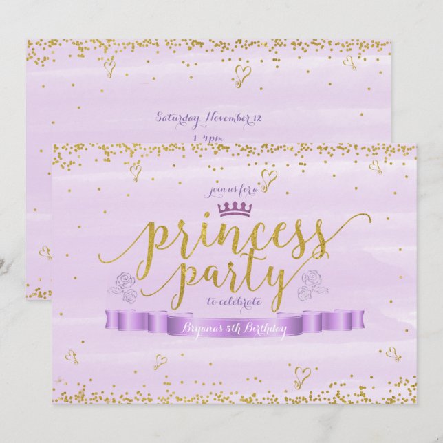Pink Princess Purple & Gold Birthday Invitations (Front/Back)