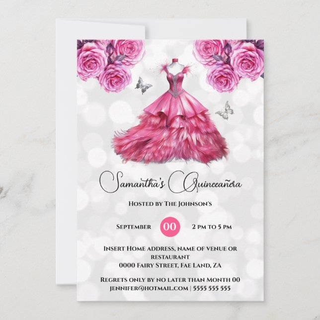 Pink princess Quinceañera fantasy ballgown roses Invitation (Front)