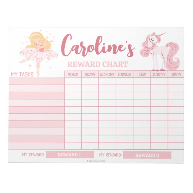 Pink Princess Reward Chart Personalised Name Tasks Notepad (Front)