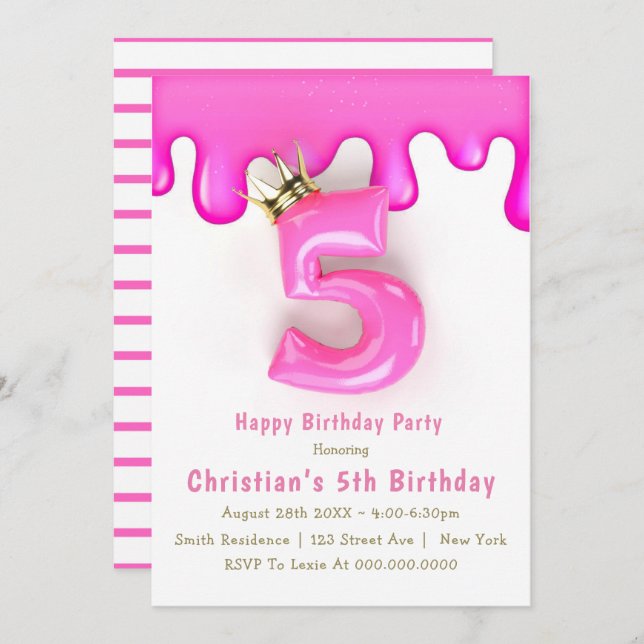Pink Princess Slime 5th Birthday Invitations (Front/Back)