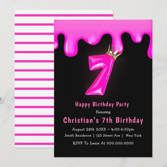 Pink Princess Slime 7th Birthday Invitations (Front/Back)
