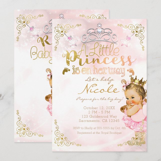 Pink Princess Sparkle Tutu & Crown Baby Shower Invitation (Front/Back)