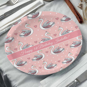 Pink Princess Swans, Happy 1st Birthday Baby Girl Paper Plate