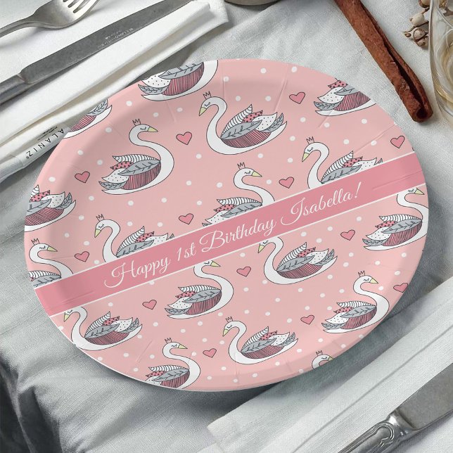 Pink Princess Swans, Happy 1st Birthday Baby Girl Paper Plate (1st birthday party idea: baby girl swan princess paper plates in blush pink)
