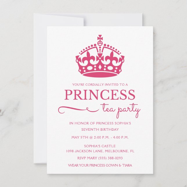 Pink Princess Tea Party Birthday Invitations (Front)