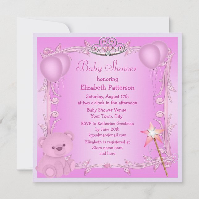 Pink Princess Teddy Bear & Balloons Baby Shower Invitation (Front)